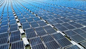 Aerial view of floating solar panels in Pasir Mas, Kelantan, illustrating renewable energy technology